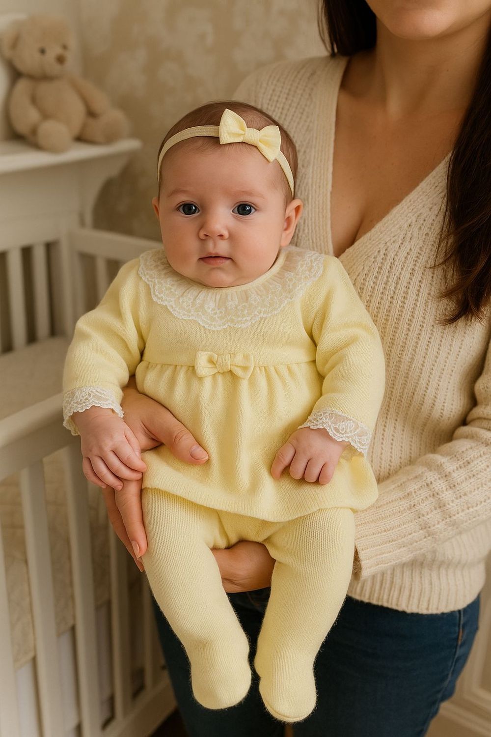 CONJUNTO BEBÊ MENINA VESTIDO TRICÔ AMARELO  LAÇO E CALÇA 