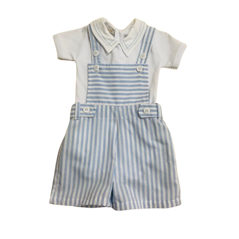 CONJUNTO CURTO BEBÊ MENINO BODY E JARDINEIRA LISTRADA