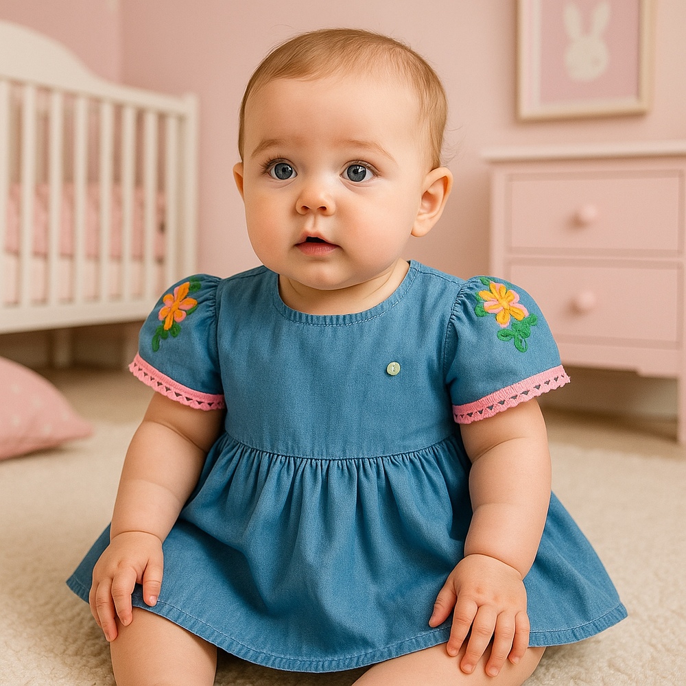 VESTIDO JEANS MANGA BORDADA  PARA BEBÊ