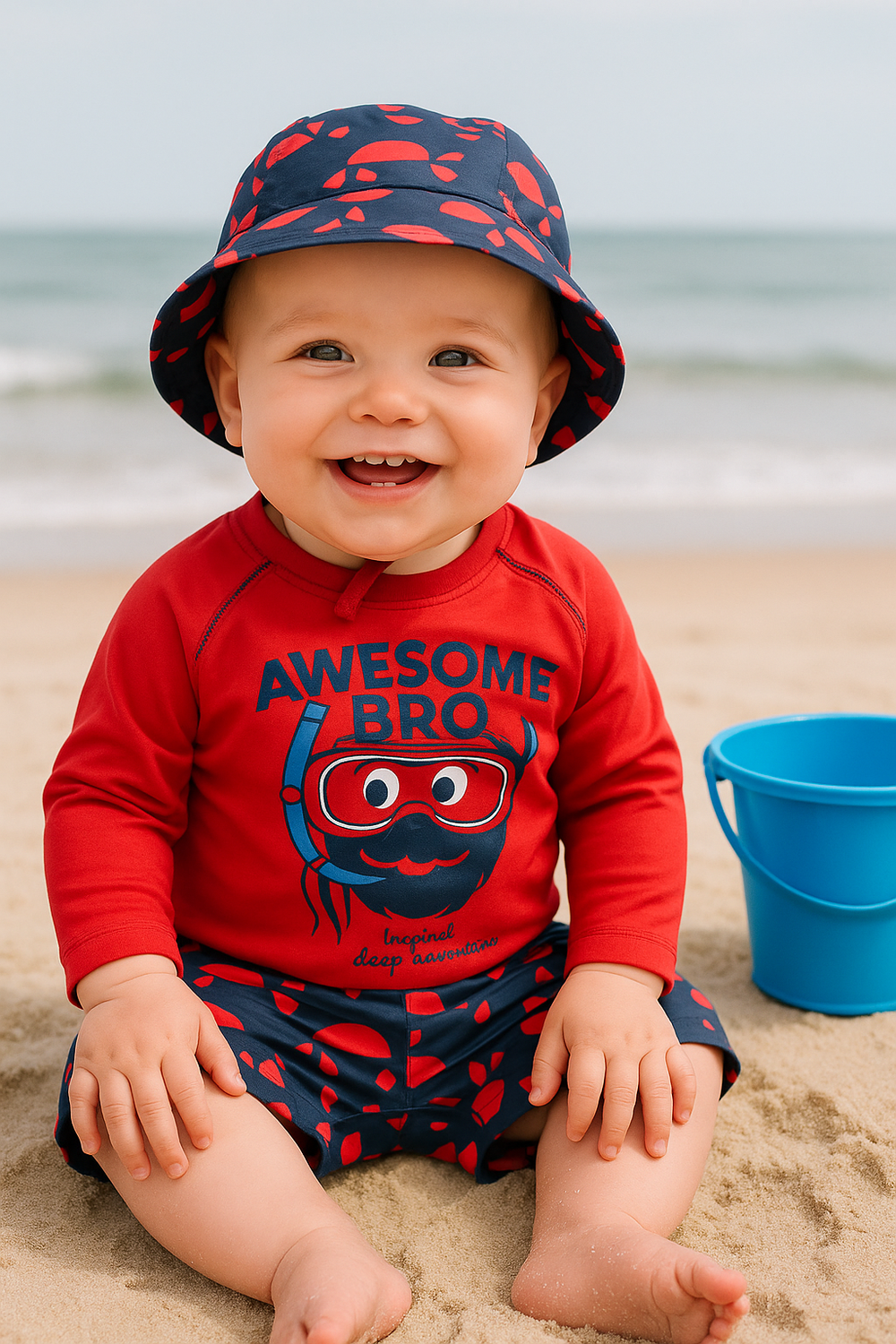 CONJUNTO PRAIA  BEBÊ  MENINO 3 PEÇAS COM PROTEÇÃO SOLAR