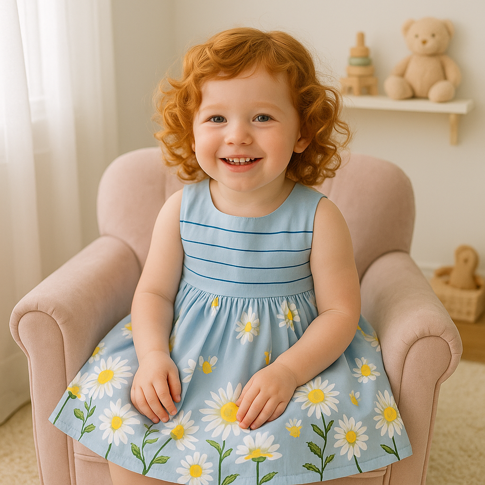 Vestido Infantil  Azul Estampa De Margaridas