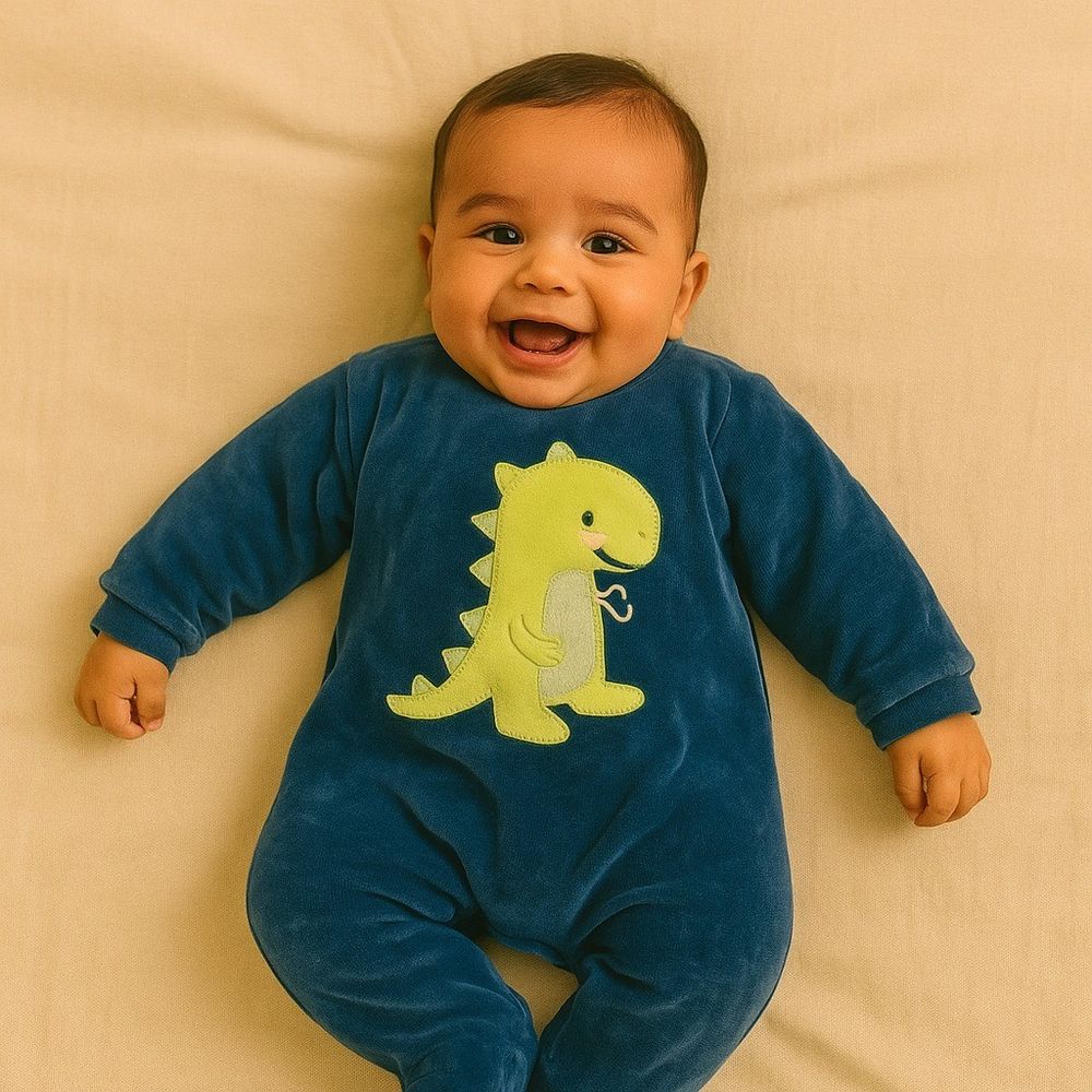 MACACÃO BEBÊ MENINO AZUL MARINHO COM BORDADO DINO EM PLUSH