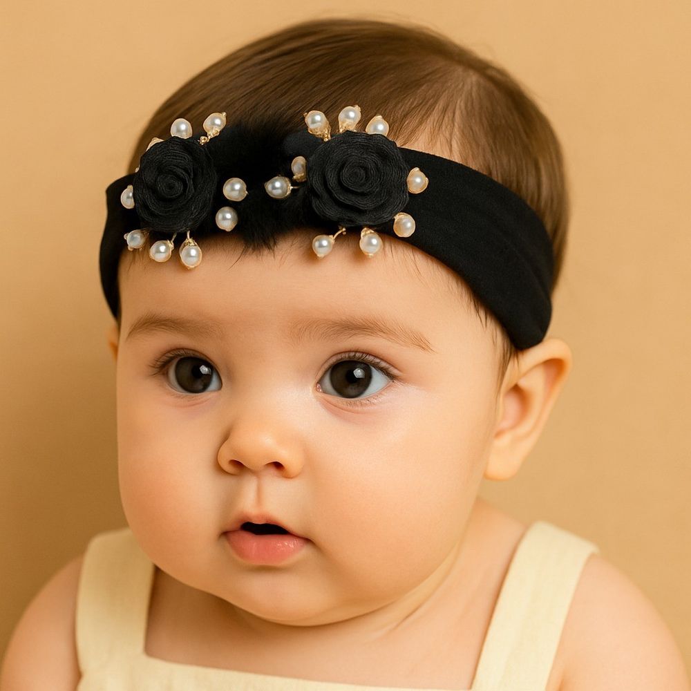 Faixa de Cabelo Bebê  Preta Flores com Pérolas