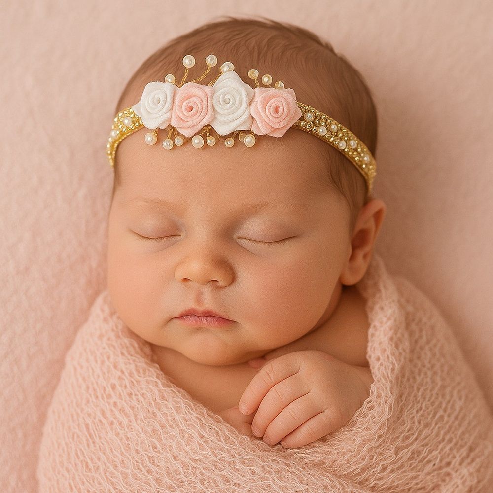 Faixa de Cabelo Bebê de Strass com Quatro Flores e Pérolas
