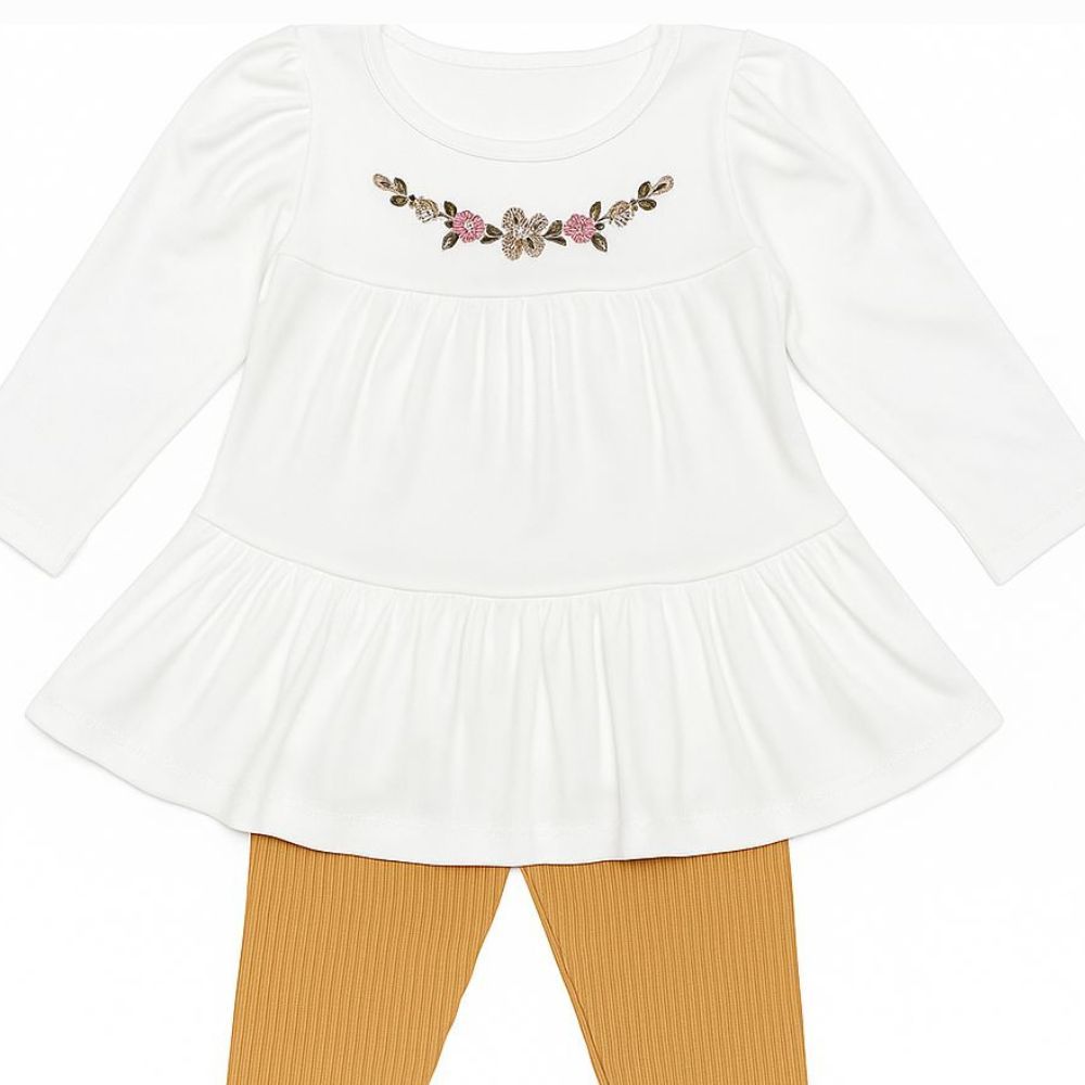 CONJUNTO BEBÊ MENINA BLUSA MANGA LONGA E CALÇA  CANELADA 