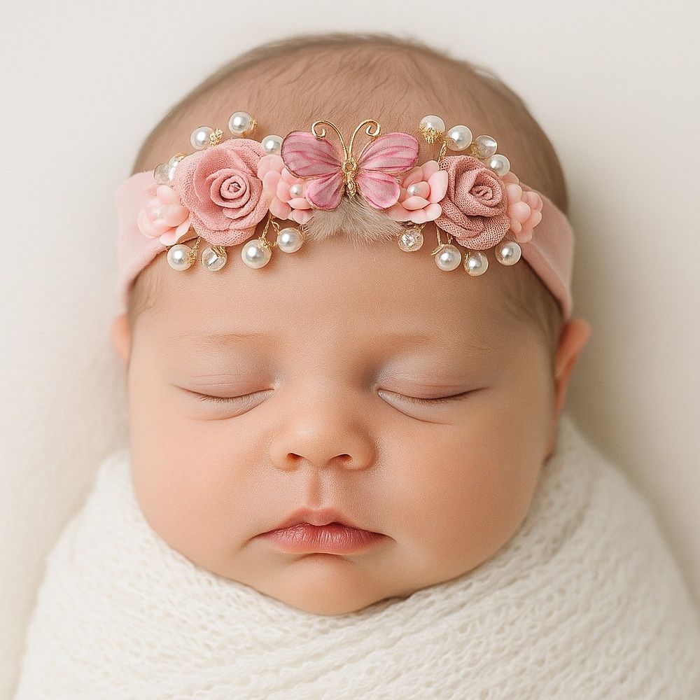 Faixa de Cabelo Bebê Borboleta e Flores com Pérolas