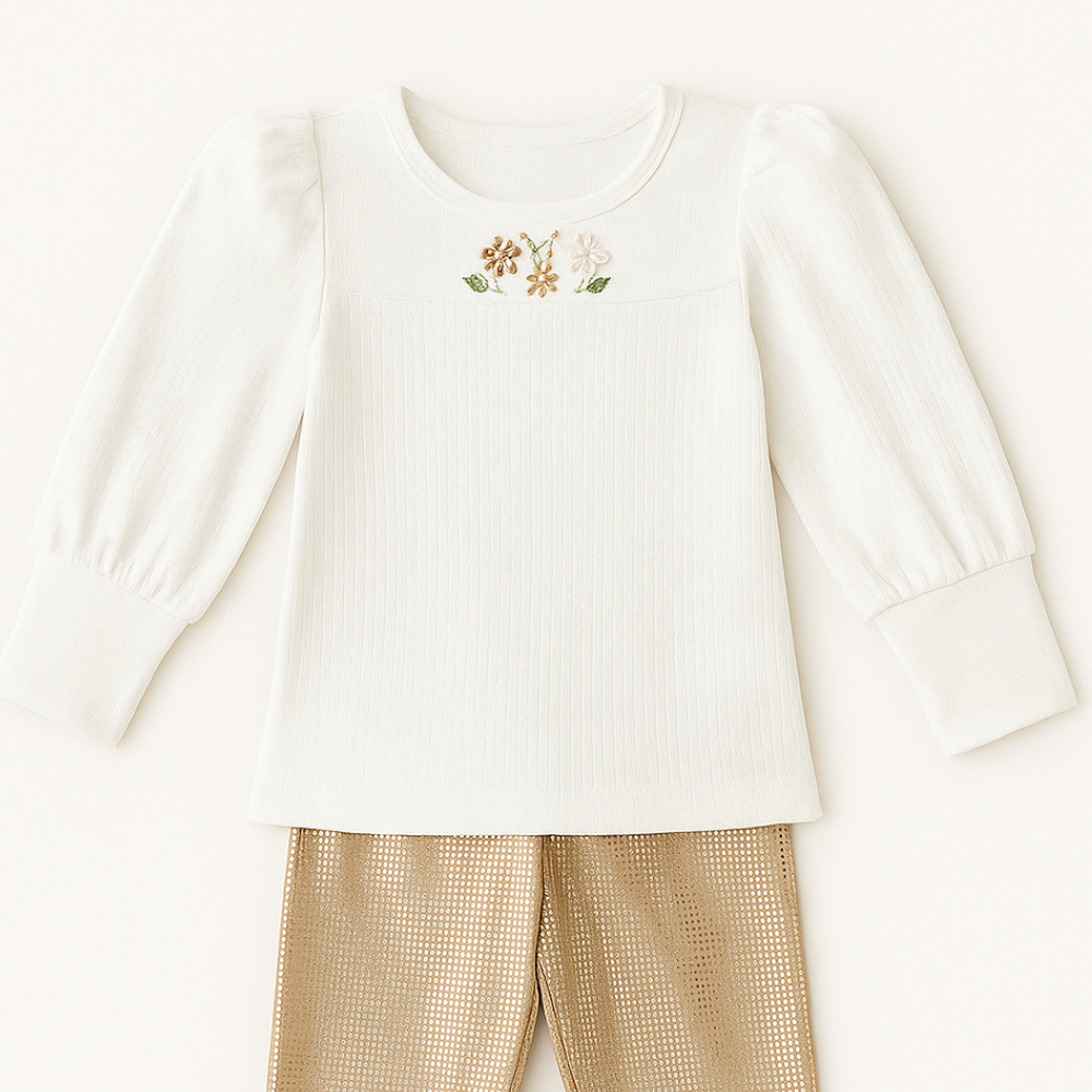 CONJUNTO INFANTIL MENINA BLUSA MANGA LONGA E CALÇA  EM VELUDO GLOW 