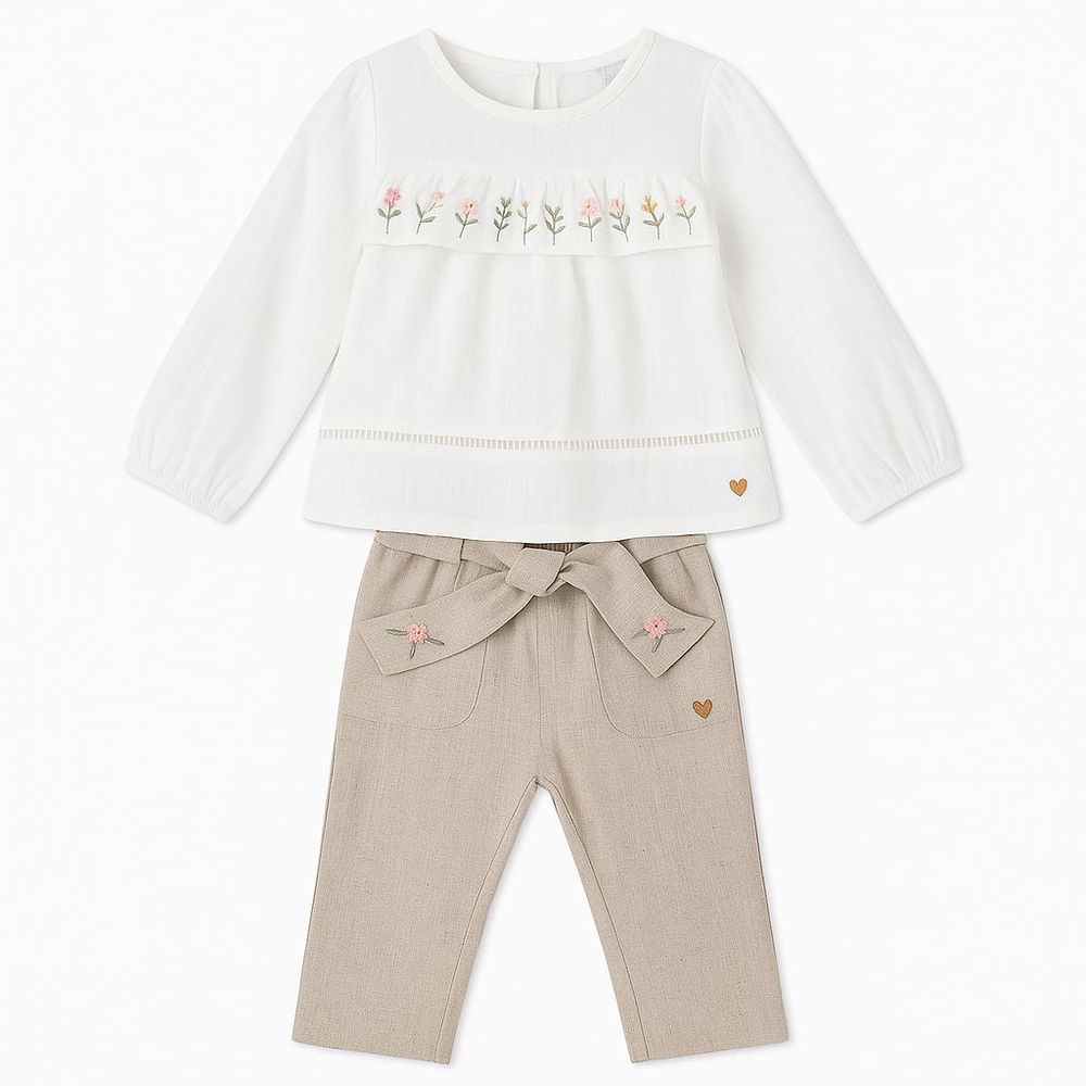 CONJUNTO INFANTIL MENINA BATA MANGA LONGA E CALÇA EM LINHO