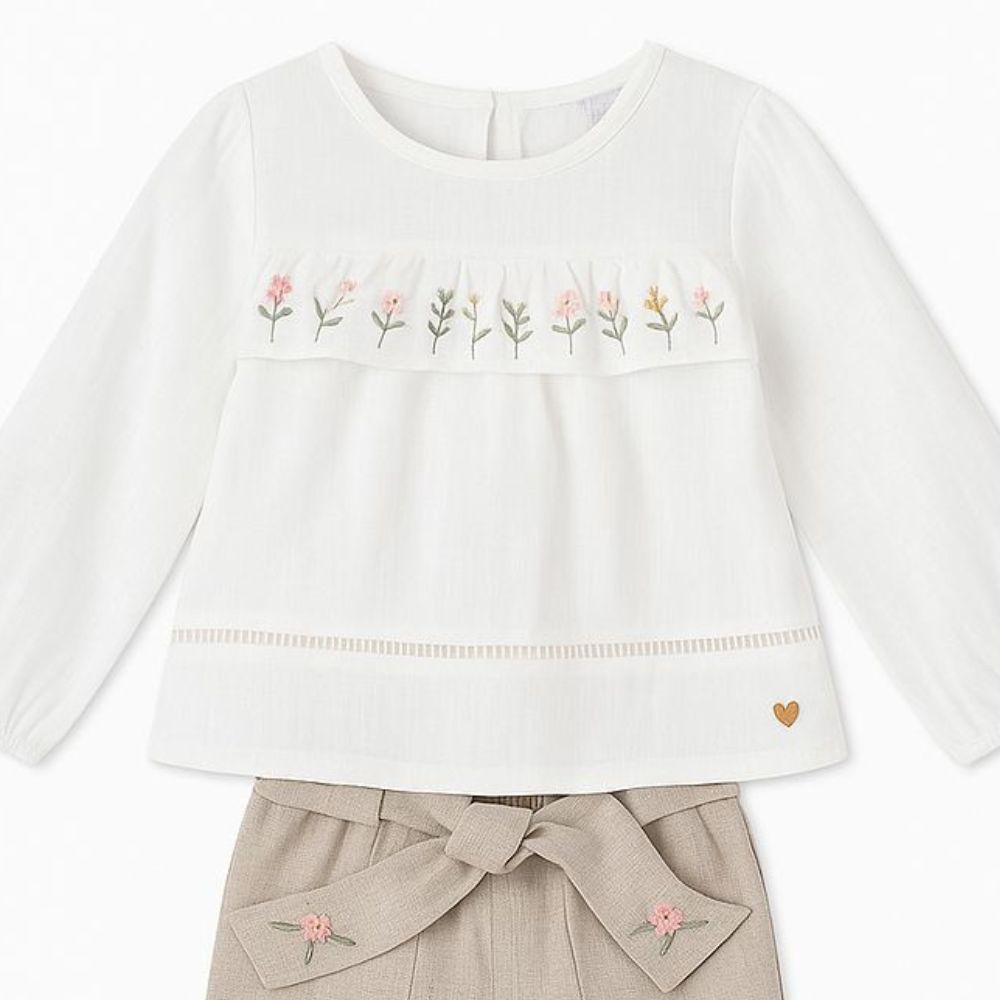 CONJUNTO INFANTIL MENINA BATA MANGA LONGA E CALÇA EM LINHO