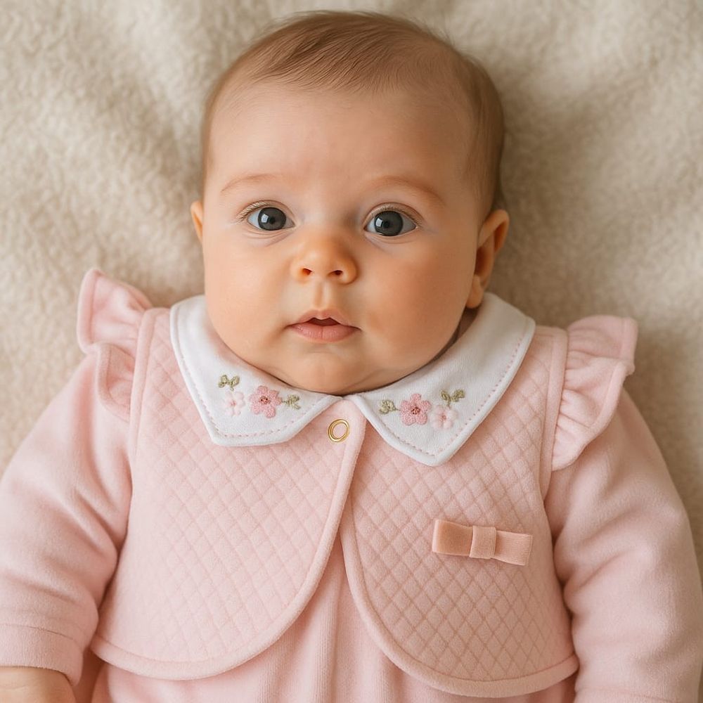 Conjunto Macacão Bebê Gola Bordada e Coletinho Rosa