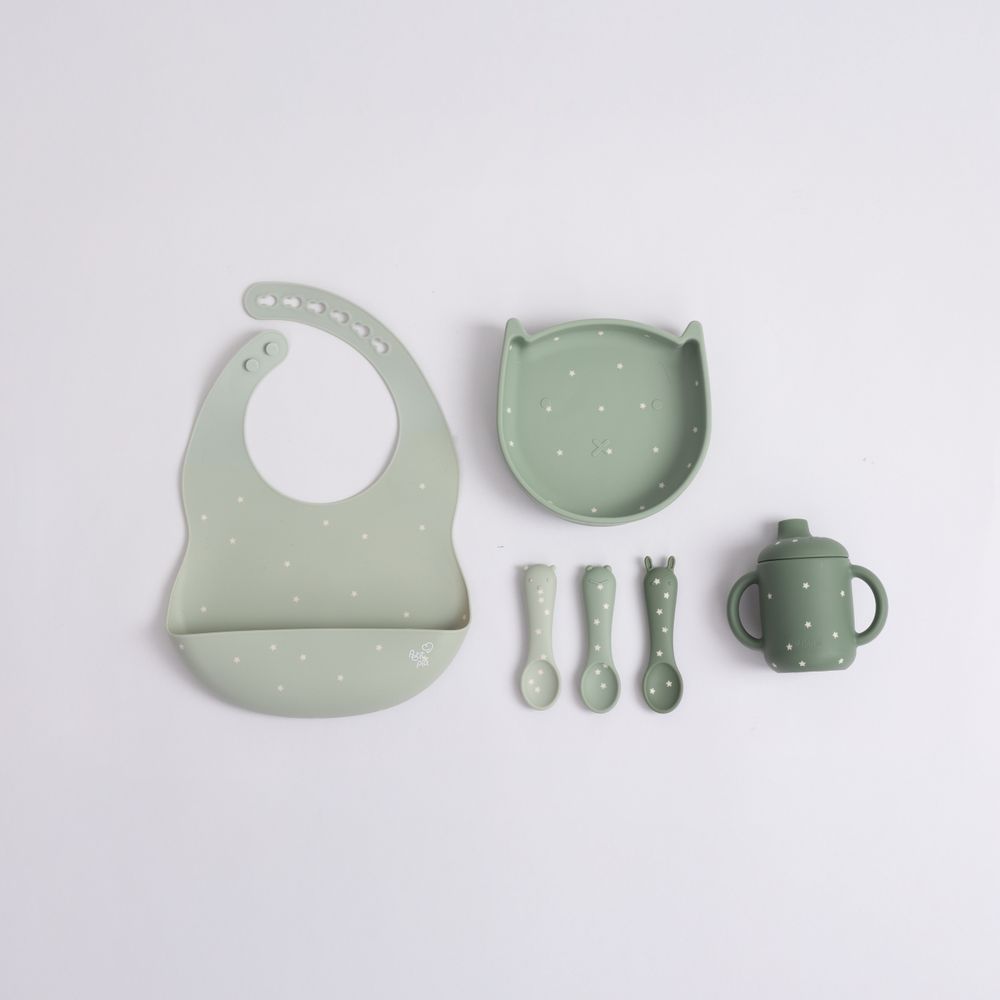 KIT ALIMENTACAO 6 PCS PRATO C/ VENTOSA COPO BABADOR 3 COLHERES DE SILICONE 