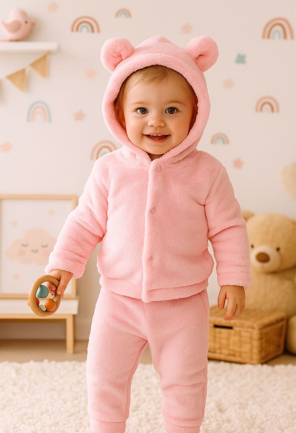 Conjunto Menina de Pelúcia Capuz com Orelhinhas e Calça Rosa