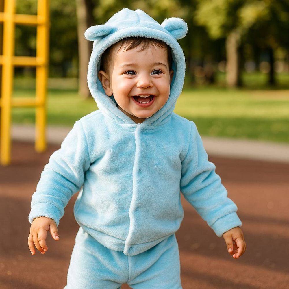 CONJUNTO MENINO DE PELÚCIA CAPUZ COM ORELHINHAS E CALÇA AZUL