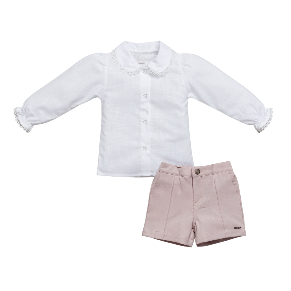 CONJUNTO INFANTIL MENINA CAMISA BATA BRANCA E SHORTS