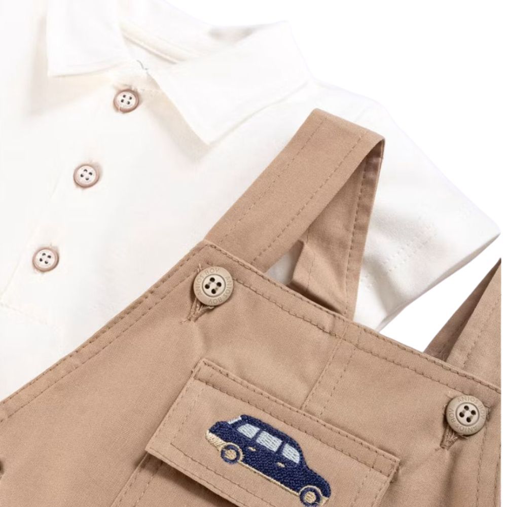 CONJUNTO CURTO JARDINEIRA E BODY BEBÊ MENINO CARRINHO