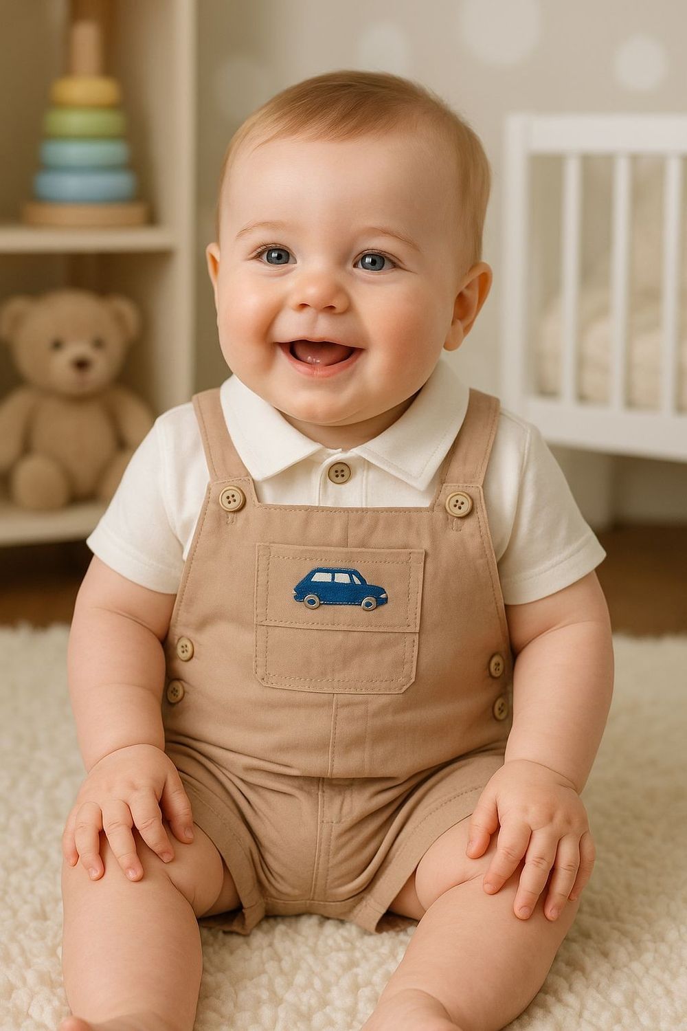 CONJUNTO CURTO JARDINEIRA E BODY BEBÊ MENINO CARRINHO