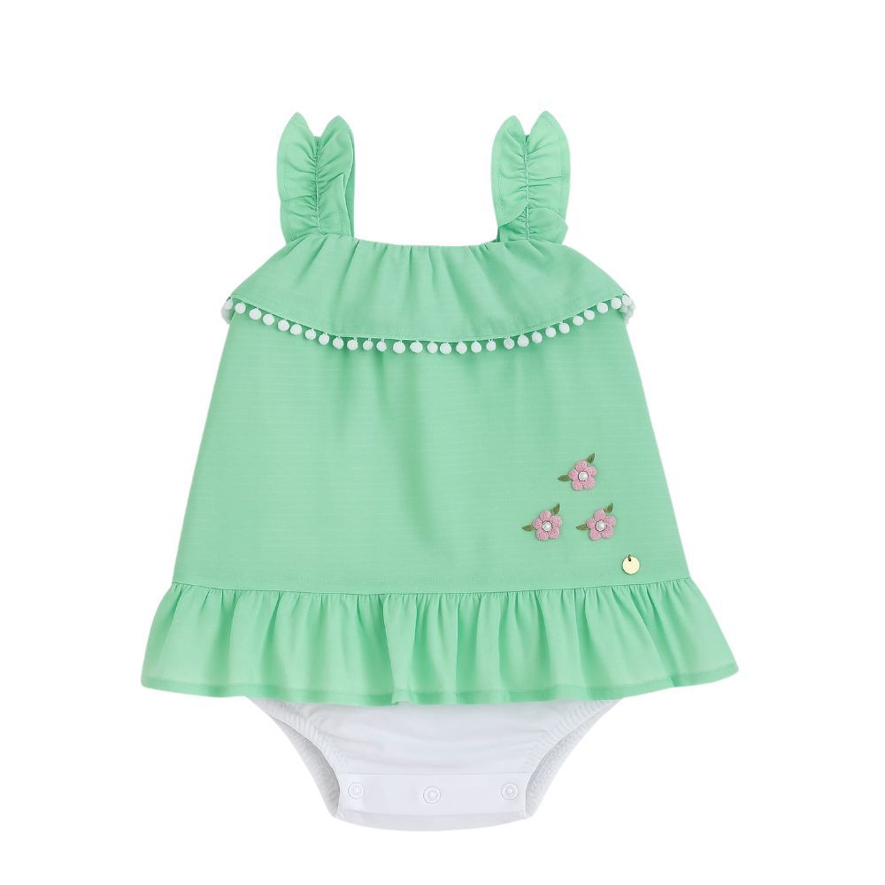 MACACÃO CURTO BEBÊ MENINA VERDE COM BORDADO FLORAL 