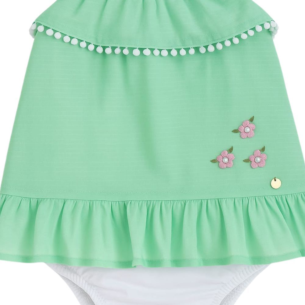 MACACÃO CURTO BEBÊ MENINA VERDE COM BORDADO FLORAL 