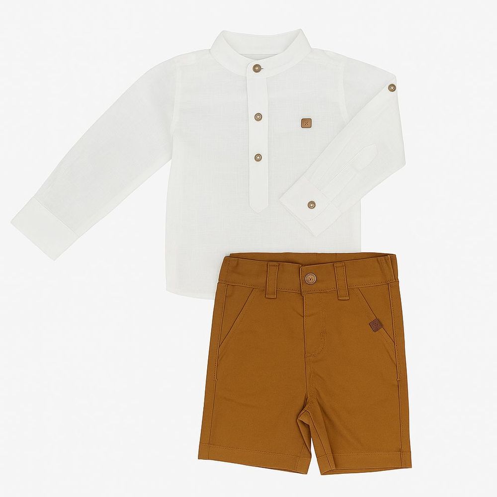 CONJUNTO INFANTIL CAMISA ALGODÃO E BERMUDA SARJA CARAMELO