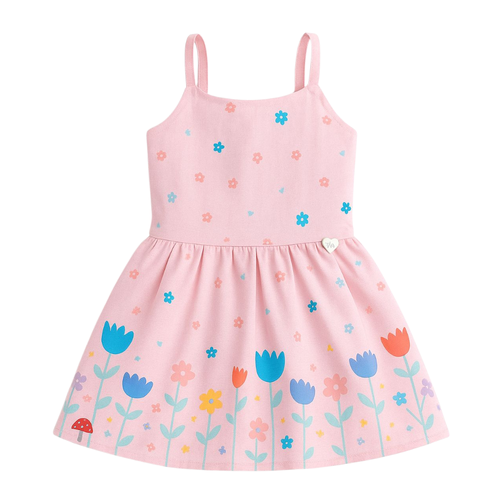 VESTIDO INFANTIL ROSA ESTAMPADO COM LAÇOS NAS COSTAS E DETALHE FLORAL