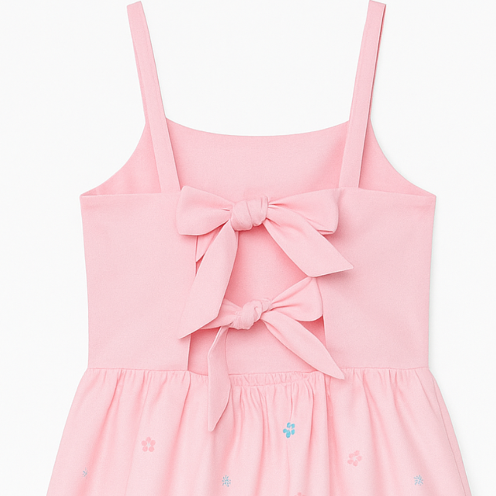 VESTIDO INFANTIL ROSA ESTAMPADO COM LAÇOS NAS COSTAS E DETALHE FLORAL