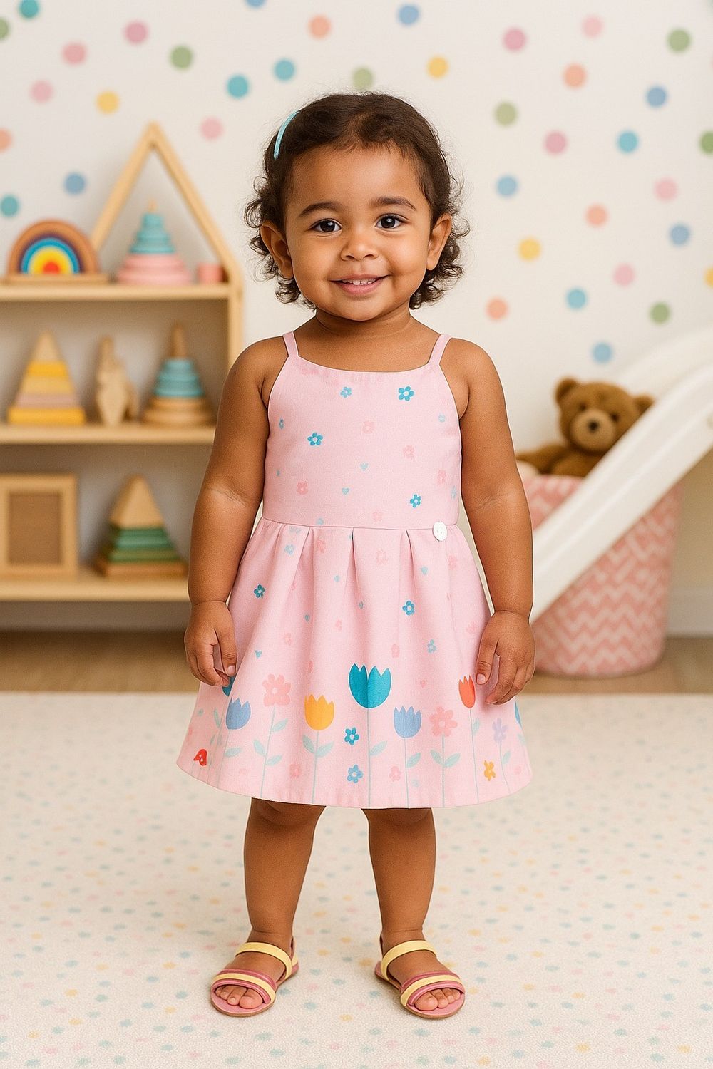 VESTIDO INFANTIL ROSA ESTAMPADO COM LAÇOS NAS COSTAS E DETALHE FLORAL
