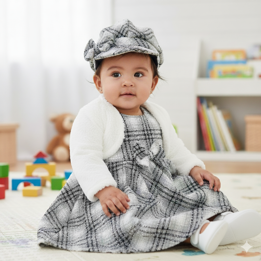 VESTIDO BEBÊ XADREZ E CASAQUINHO  BOLERO COM BOINA 