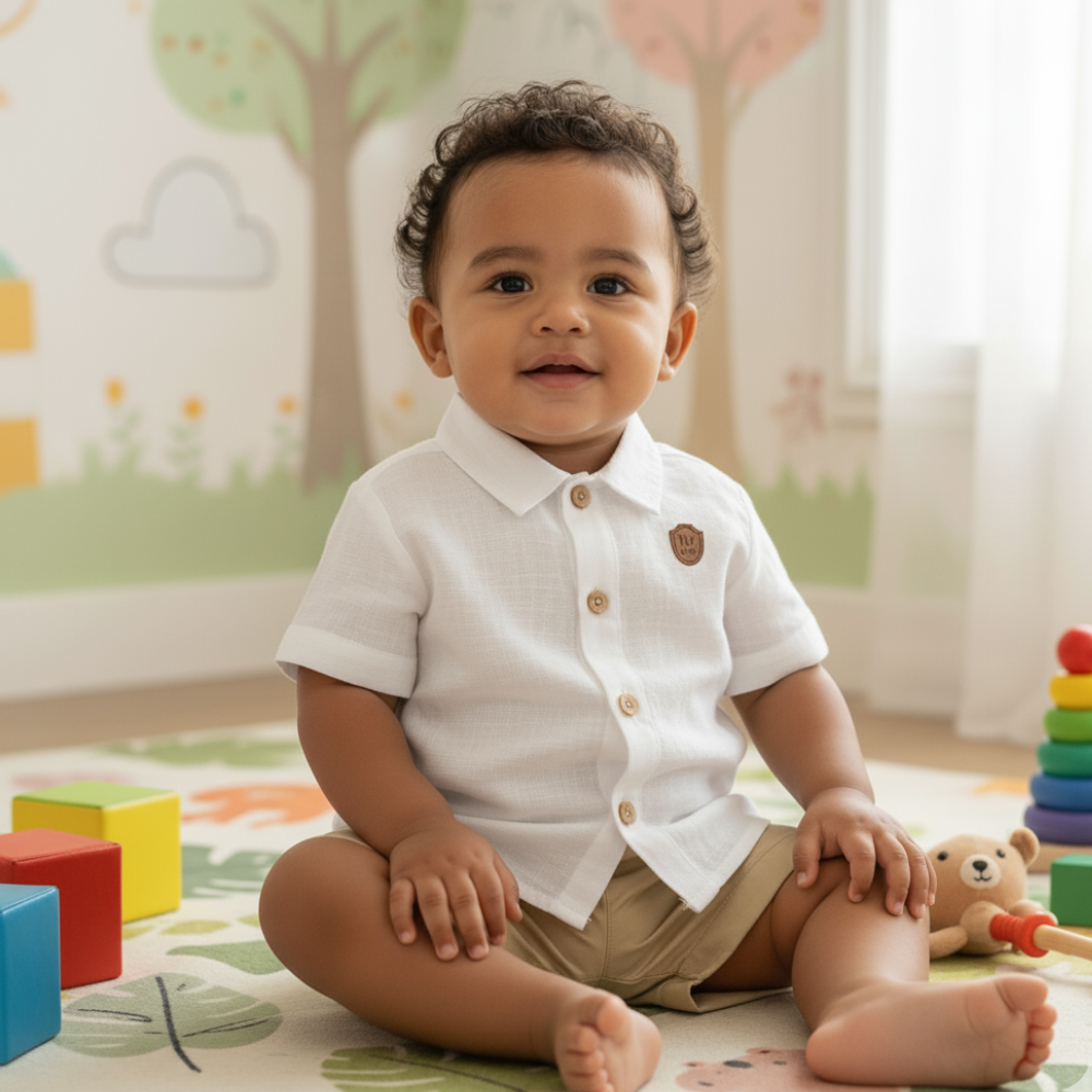 CONJUNTO CURTO BEBÊ MENINO  CAMISA BRANCA 