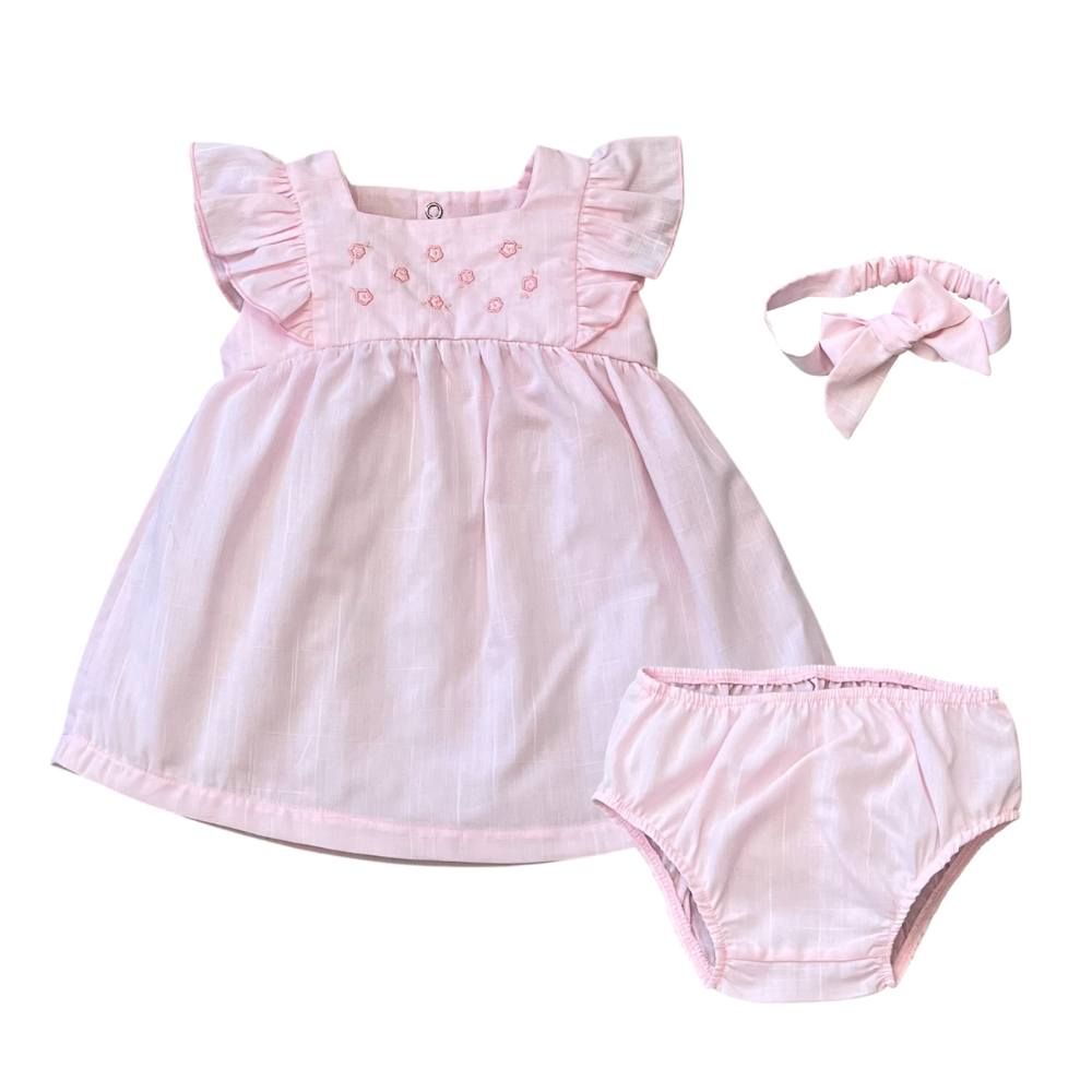 CONJUNTO BEBÊ VESTIDO+FAIXA  FLORES ROSA
