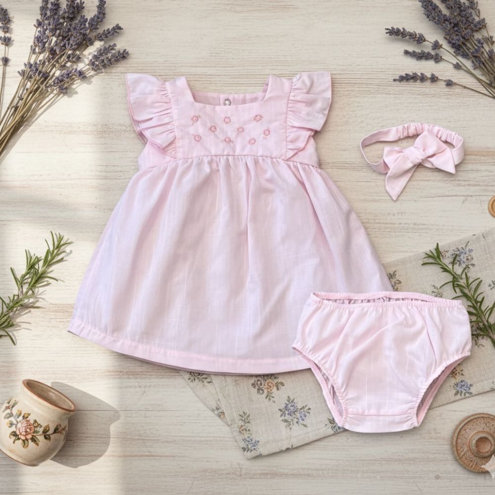 CONJUNTO BEBÊ VESTIDO+FAIXA  FLORES ROSA