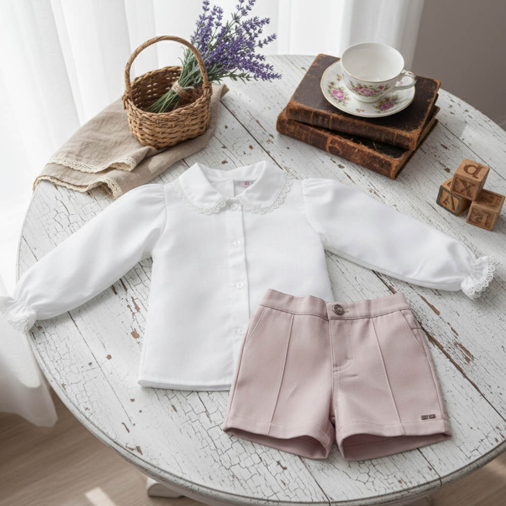 CONJUNTO INFANTIL MENINA CAMISA BATA BRANCA E SHORTS