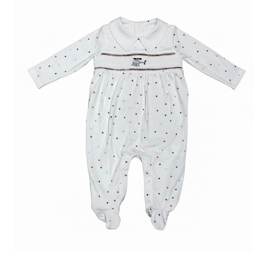 MACACÃO BEBÊ MENINO EM MALHA PERUANA BORDADO HELICÓPTERO