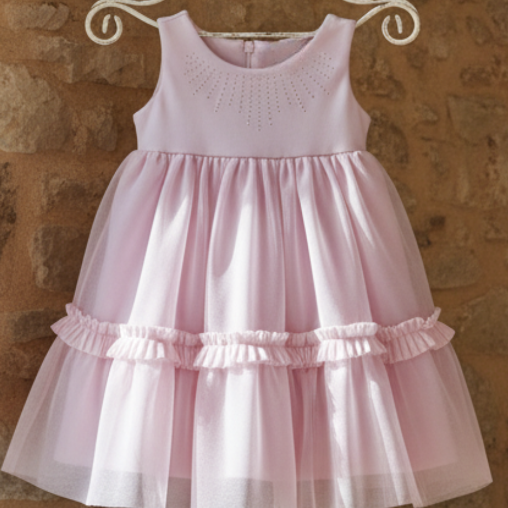 VESTIDO INFANTIL MALHA  ALFAIATARIA E TULE ROSA