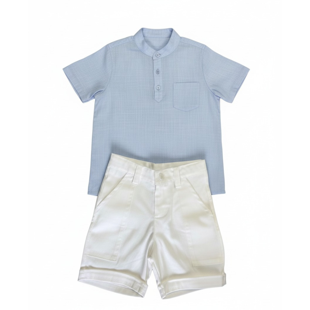 CONJUNTO INFANTIL CAMISA AZUL  E BERMUDA BRANCA