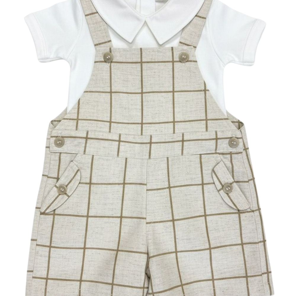 CONJUNTO CLÁSSICO BEBÊ MENINO BODY COM GOLA E JARDINEIRA