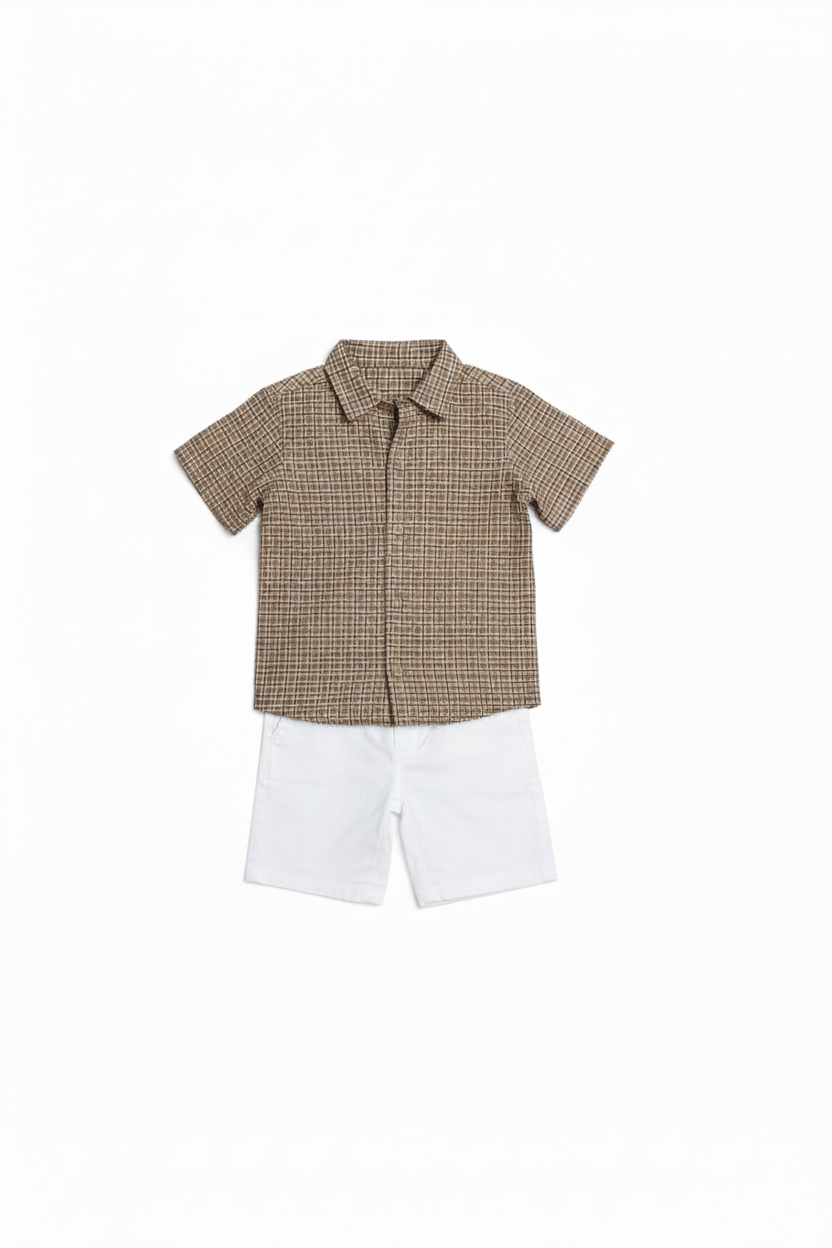 CONJUNTO CURTO  INFANTIL MENINO CAMISA XADREZ E BERMUDA BRANCAZ 