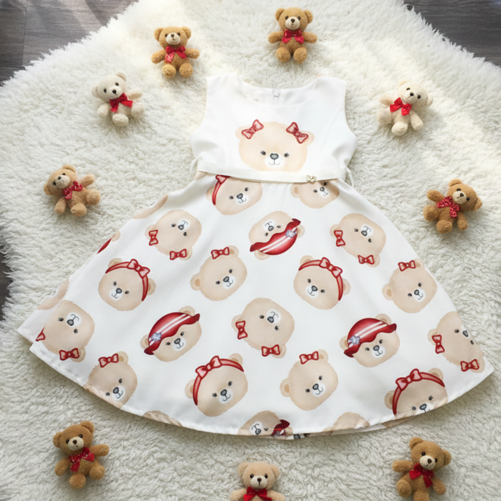 VESTIDO INFANTIL  URSINHA COM LAÇOS VERMELHOS