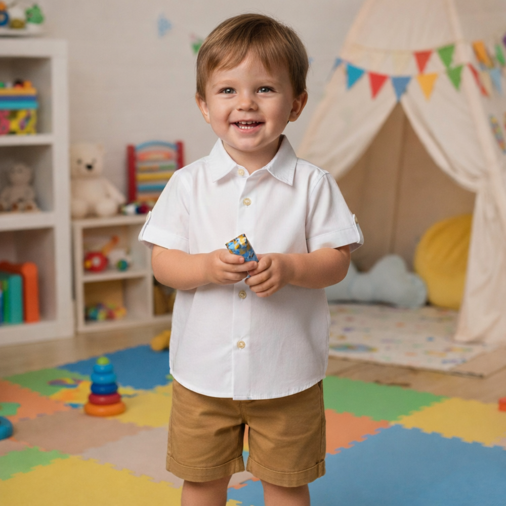 CONJUNTO INFANTIL MENINO CAMISA BRANCA E BERMUDA