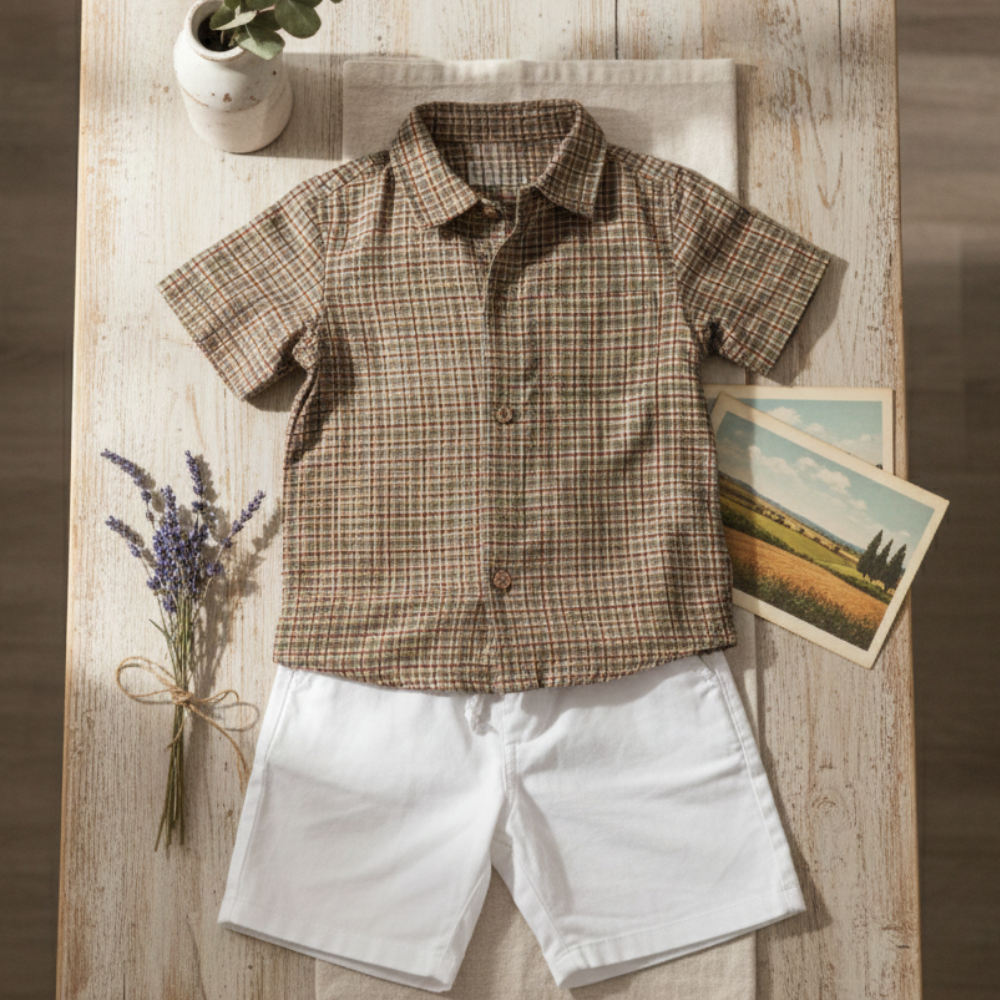 CONJUNTO CURTO  INFANTIL MENINO CAMISA XADREZ E BERMUDA BRANCAZ 