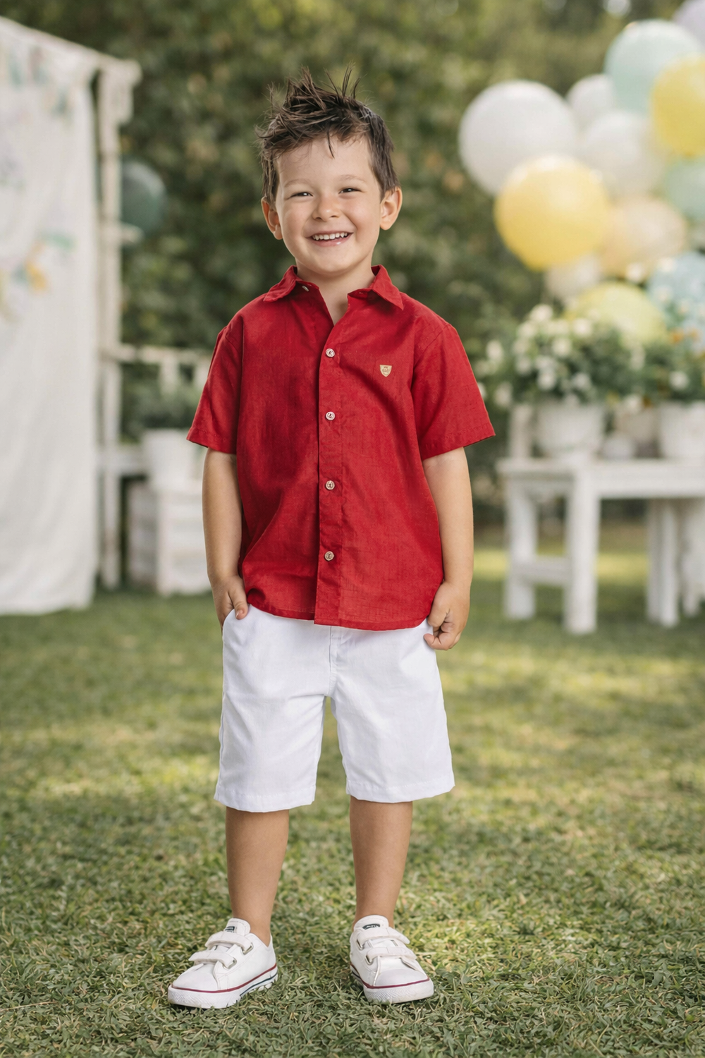CONJUNTO INFANTIL MENINO CAMISA VERMELHA E BERMUDA BRANCA