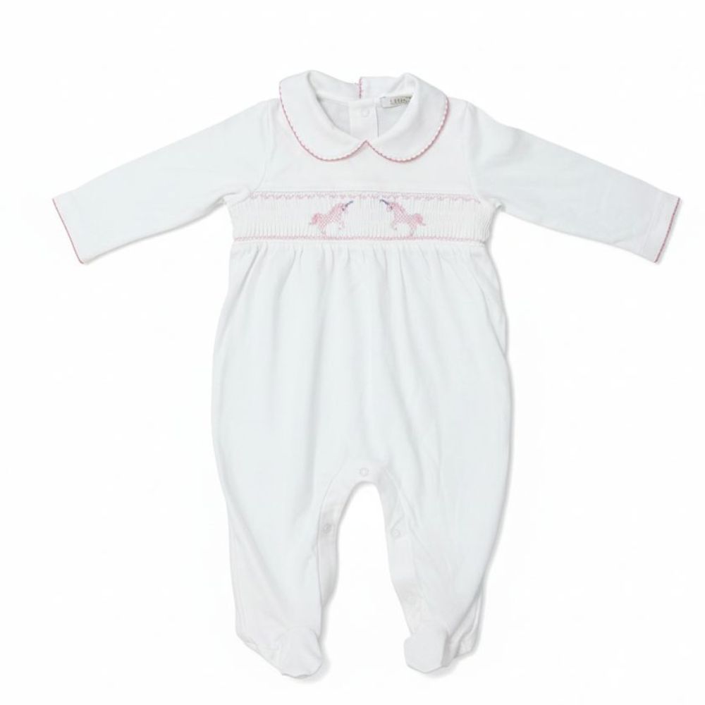 MACACÃO BEBÊ MENINA EM MALHA PERUANA COM BORDADO UNICÓRNIO