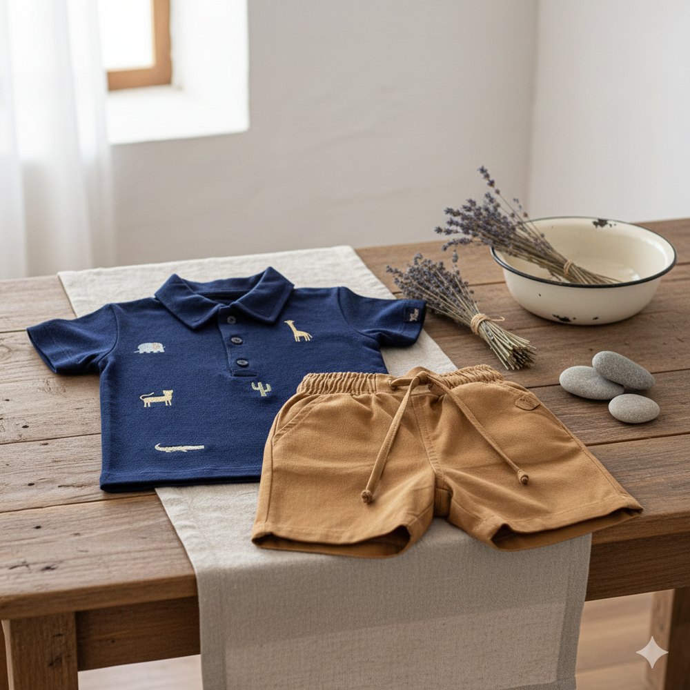 CONJUNTO BEBÊ MENINO CAMISA POLO BORDADA E BERMUDA