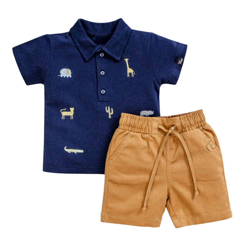 CONJUNTO BEBÊ MENINO CAMISA POLO BORDADA E BERMUDA