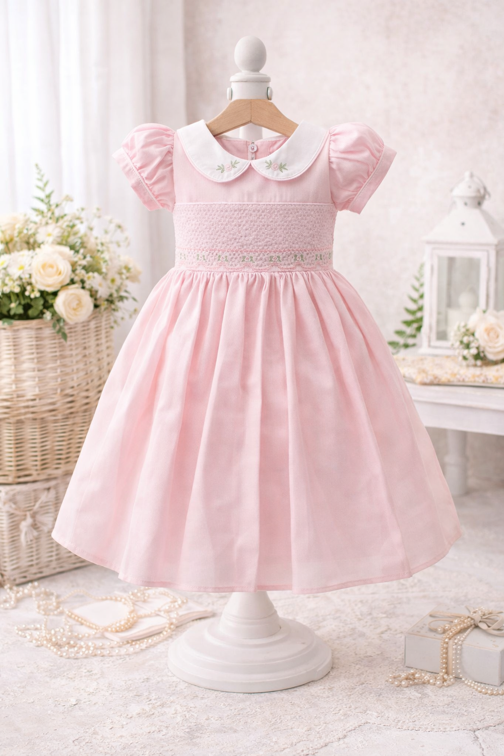 VESTIDO INFANTIL MENINA ROSA COM BORDADOS FLORAIS