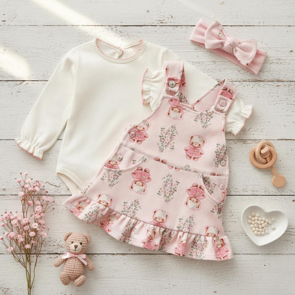 CONJUNTO BEBÊ FLORES BODY MANGA LONGA E SALOPETE