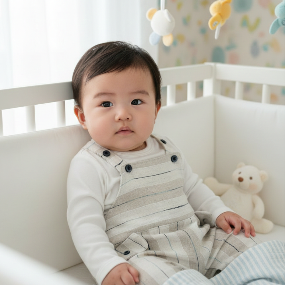 CONJUNTO LONGO BEBÊ MENINO BODY E JARDINEIRA LISTRADA