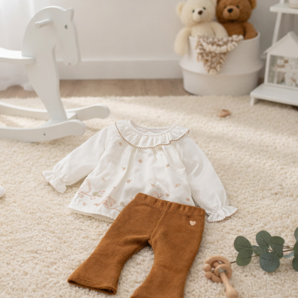 Conjunto Infantil Menina Bata Passarinhos Manga Longa E calça