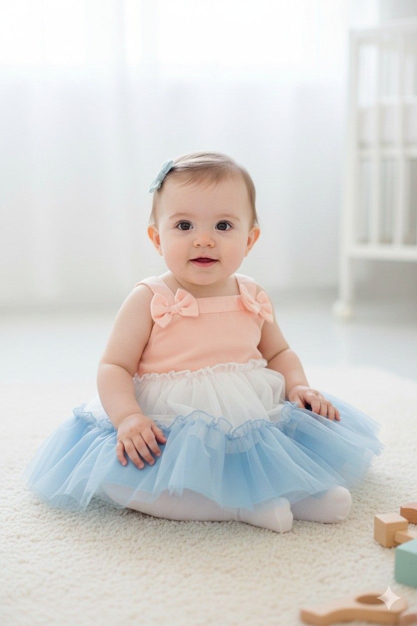VESTIDO DE FESTA PARA BEBÊ EM ALGODÃO E TULE