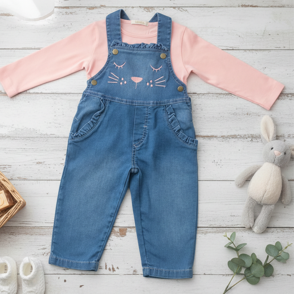 CONJUNTO INFANTIL MENINA JARDINEIRA JEANS E BLUSINHA MANGA LONGA