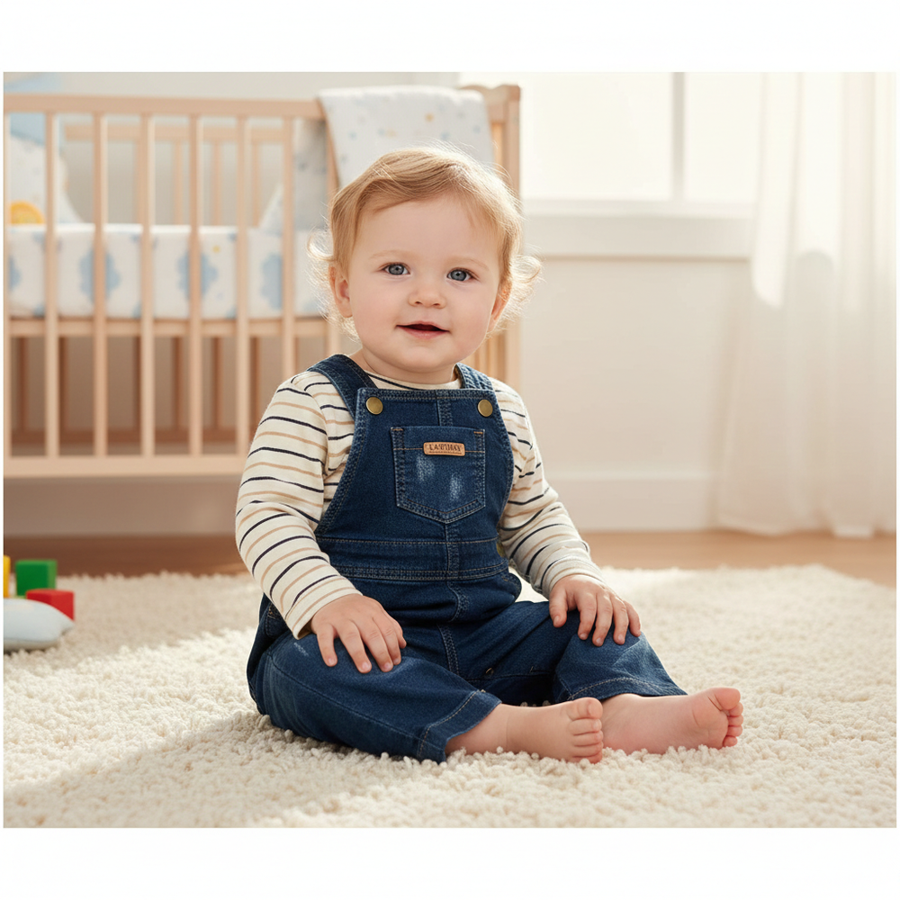 CONJUNTO BEBÊ MENINO COM JARDINEIRA JEANS E BLUSA LISTRADA